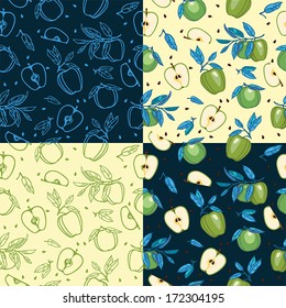 Green apples wth blue leaves seamless vector pattern set. Colorful illustration of fruits on light and dark background. 