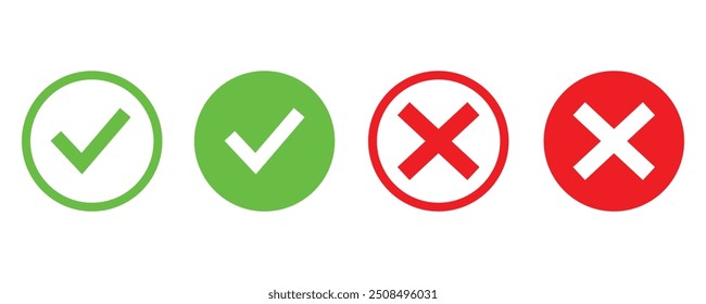 green approval check mark and red cross icon set in circle and square, Set of simple icons in flat style: Yes or No, Approved, Disapproved, Accepted, Rejected, Vector illustration.