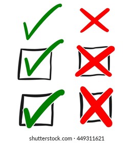 Green Approval and Red Rejection Hand Drawn Sign Vector Set