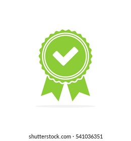 Green approved or certified medal icon in a flat design with shadow