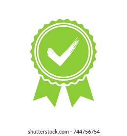 Green approved or certified medal icon in a flat design