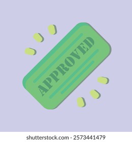 Green Approved Stamp with floating shapes on light purple background design