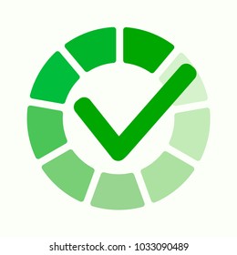 Green approved sticker. Check mark, tick hook signs in circle. Button for vote YES