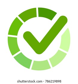 Green approved sticker. Check mark, tick hook signs in circle. Button for vote YES