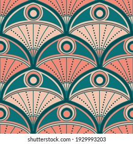 Green and apricot art deco inspired seamless pattern. Perfect for wallpaper, fabric, gift wrap, stationary, packaging and accessories.