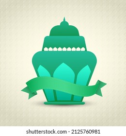 Green Arabic Lantern With Empty Ribbon On Beige Four Petal Flower Pattern Background For Islamic Festival Concept.