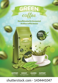 Green Arabica Coffee Banner, Decaffeinated, Unroasted Beans in Paper Sachet Pouch Bag with Clip, Cup with Drink Splash, on Blurred Background, Beverage Product Mock Up 3d Vector Realistic Illustration