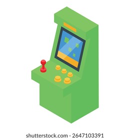Green arcade game machine displaying gaming interface with buttons and joystick