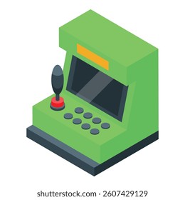 Green arcade game machine with joystick and buttons, standing on white background
