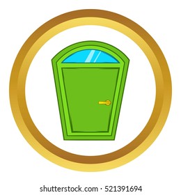 Green arched door vector icon in golden circle, cartoon style isolated on white background