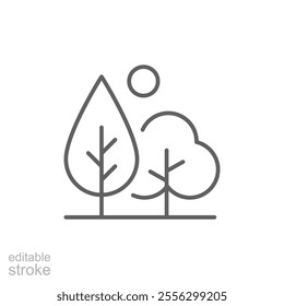 Green area icon. Simple outline style. Forest, plant, wood, tree, garden, sun, bench, leaf, park, nature, environment concept. Thin line symbol. Vector illustration isolated. Editable stroke.