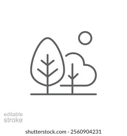 Green area icon. Simple outline style. Forest, plant, wood, tree, garden, sun, bench, leaf, park, nature, environment concept. Thin line symbol. Vector illustration isolated. Editable stroke.