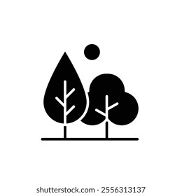 Green area icon. Simple solid style. Forest, plant, wood, tree, garden, sun, bench, leaf, park, nature, environment concept. Black silhouette, glyph symbol. Vector illustration isolated.