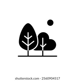 Green area icon. Simple solid style. Forest, plant, wood, tree, garden, sun, bench, leaf, park, nature, environment concept. Black silhouette, glyph symbol. Vector illustration isolated.