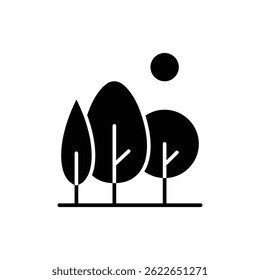 Green area icon. Simple solid style. Forest, plant, wood, tree, garden, sun, bench, leaf, park, nature, environment concept. Black silhouette, glyph symbol. Vector illustration isolated.
