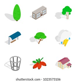 Green area icons set. Isometric set of 9 green area vector icons for web isolated on white background