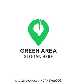 Green area logo template in simple flat style. Pin map and leaf vector illustration