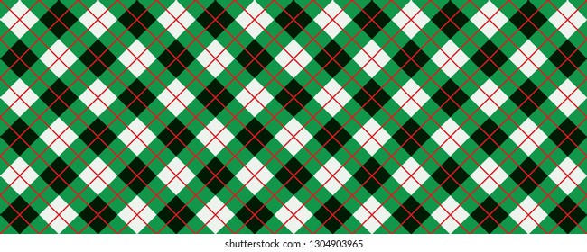 Green. Argyle pattern. Traditional lozenge diamond, checkered or check sign. Diamonds print plaid. Vector Seamless, geometric shape. Flanel textile texture. Fabric weaving square. Christmas xmas.