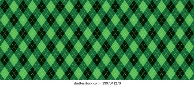 Green. Argyle pattern. Traditional lozenge diamond, checkered or check sign. Diamonds print plaid. Vector Seamless, geometric shape. Flanel textile texture. Fabric weaving square. Christmas xmas.