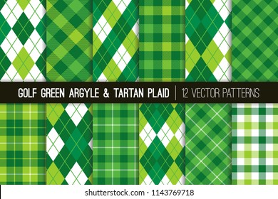 Green Argyle And Tartan Plaid Vector Patterns. Golf Theme Decor For Events Or Birthday Parties. St Patrick's Day Backgrounds. Popular Sports Fashion Textile Prints. Repeating Pattern Tile Swatches Inc