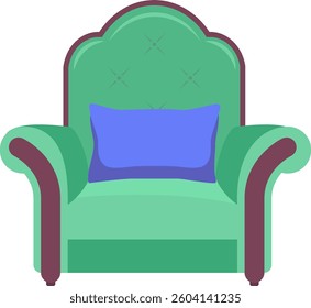 Green armchair with blue pillow inviting to relax, suggesting comfort and rest in a cozy home environment, ideal for interior design or furniture related projects