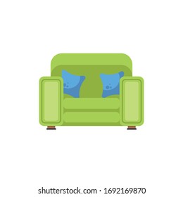 Green armchair and blue pillow. Vector illustration isolated on white background.