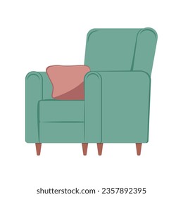 Green armchair with cushion for bedroom and living room. Vector illustration