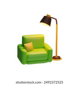 Sillón verde con lámpara de pie icono de estilo plástico 3D. Sofá de cuero realista con iluminación. Ilustración de representación de Vector aislada. Muebles de salón volumétricos y antorchas, elemento de diseño interior