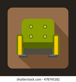 Green armchair icon in flat style on a coffee background vector illustration