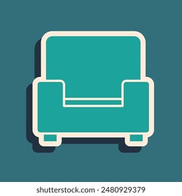 Green Armchair icon isolated on green background. Long shadow style. Vector