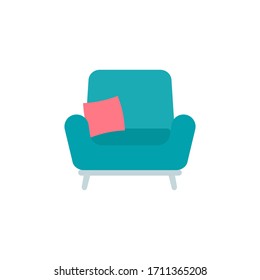 Green armchair with pillow flat vector illustration isolated on a white background.