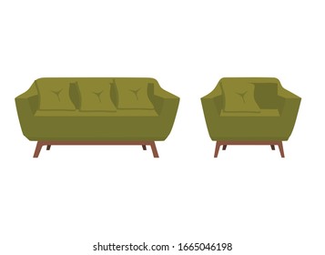 green armchair and sofa, vector illustration, flat style