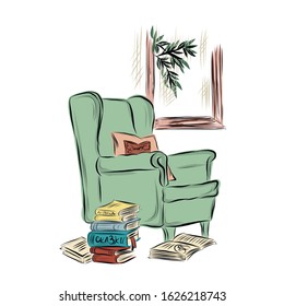 Green armchair with a stack of books by the window in the room. Interior item. Upholstered furniture. 