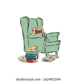 Green armchair with stack of books. Interior item. Upholstered furniture