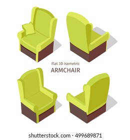 Green armchair vector on four sides in isometric projection. Comfortable furniture  illustration for stores advertising, app icons, infographics, logo, web and games environment design