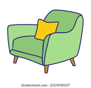 Green armchair with yellow pillow. Vector illustration isolated on white background.