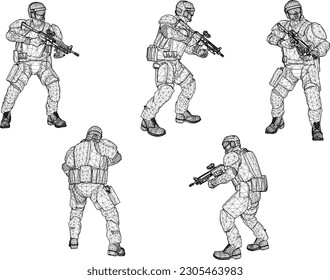 Green armed combat special forces cartoon illustration vector sketch