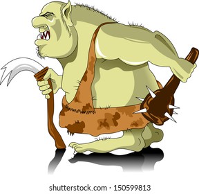 green and armed with a troll in the skin of a leopard, illustration