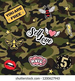 Green army seamless pattern. Repeating camouflage print with cool patches. Hand drawn camo fashion background with pop art and military badges. Vector illustration