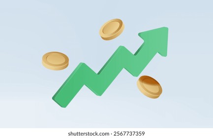 Green arrow 3D icon with coins trading stock market investment finance business growth successful target planning analytics statistics economy development concept. Eps 10 vector. illustration