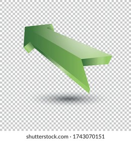 Green arrow. 3d shiny style rising up icon on checked transparent background. Vector illustration. Eps 10 vector file.