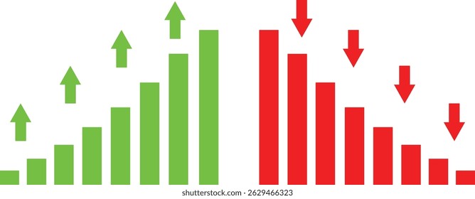 green arrow and bar chart rising up. Red arrow and bar chart fall down graph