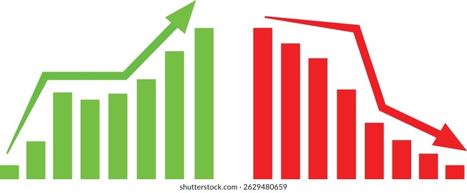Green arrow and bar graph chart rising up. Red arrow and bar graph chart fall down statistic