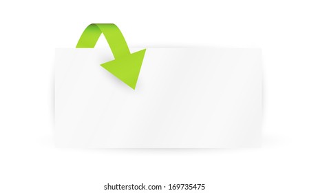 green arrow and blank paper on white background