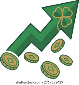 A green arrow with a clover pointing upwards, symbolizing financial growth and prosperity for St. Patrick's Day, accompanied by gold coins.
