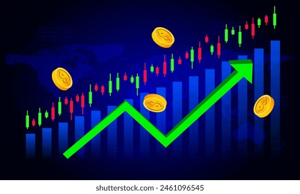 green arrow up with coins and candlestick chart Stock Market Finance Technology vector illustration