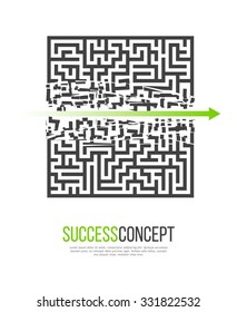 Green Arrow Crashes Through the Walls of a Maze to Freedom. Business Solution / Success Concept. Vector Illustration.