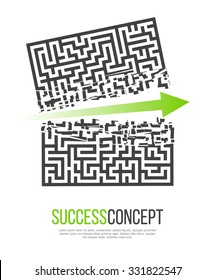 Green Arrow Crashes Through the Walls of a Maze to Freedom. Business Solution / Success Concept. Vector Illustration.