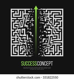 Green Arrow Crashes Through the Walls of a Maze to Freedom. Business Solution / Success Concept. Vector Illustration.