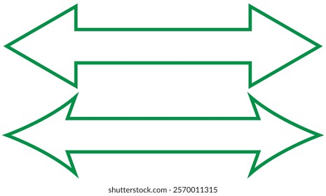 Green arrow double pointing. Long, straight-line arrow icon. Graphic illustration for direction symbols, up and down signs. Vector horizontal arrow variation isolated on white background. Eps 10